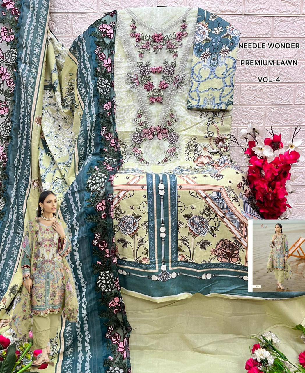 NEEDLE WONDER PREMIUM LAWN VOL-4 By Shree Fabs 4321 To 4328 Series Designer Pakistani Suits Pure Cotton print Dresses At Wholesale Price
